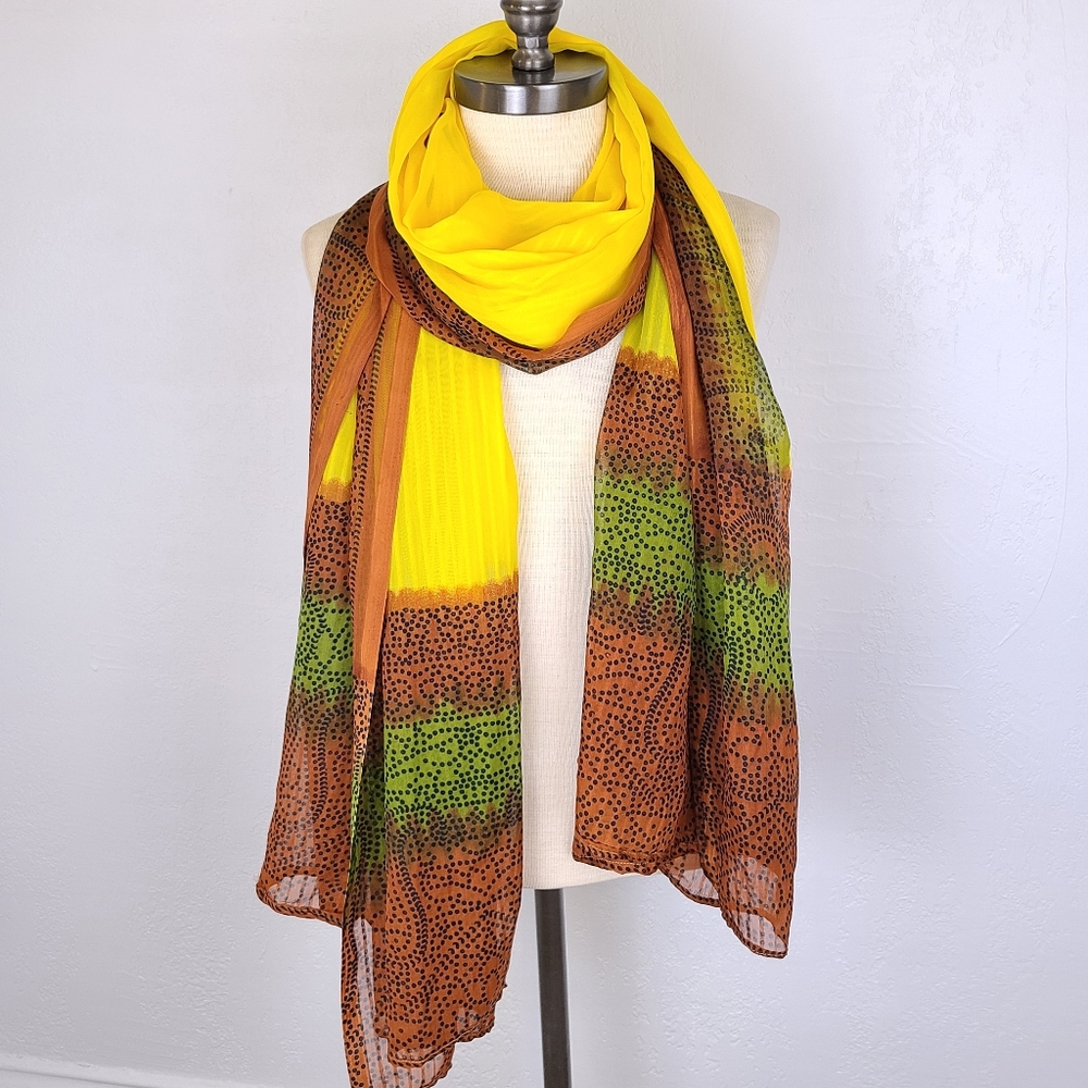 Sheer Yellow Paisley Print Crinlle Pleat Scarf